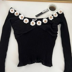 Just One Floral Off Shoulder Black Cropped Sweater